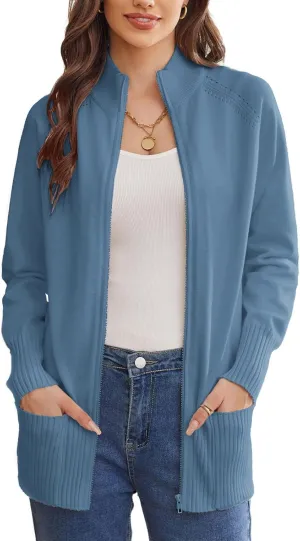 GRACE KARIN Women's Long Sleeve Zip Up Knit Cardigan with Pockets Stand Collar Full Zip Sweater Coat Lightweight