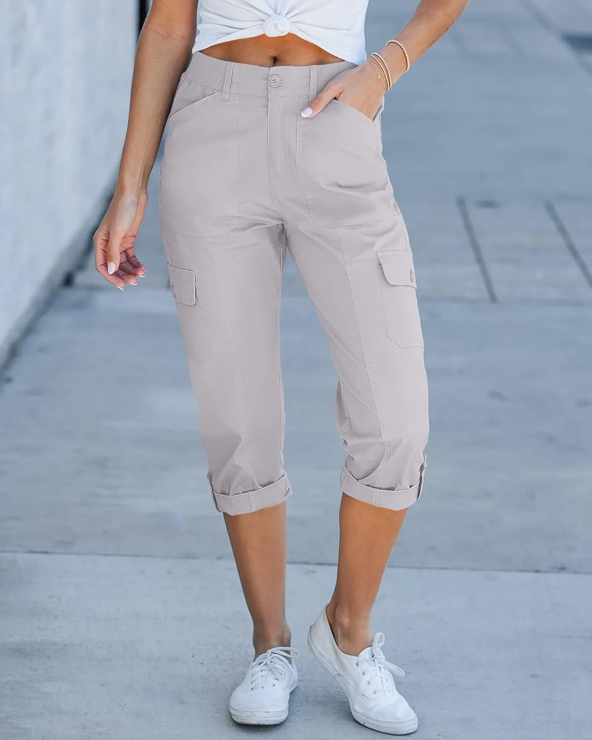 GRAPENT Cargo Capri Pants for Women High Waisted Relaxed Fit Elastic Knit Waist Casual Capris Trousers Cropped Pants