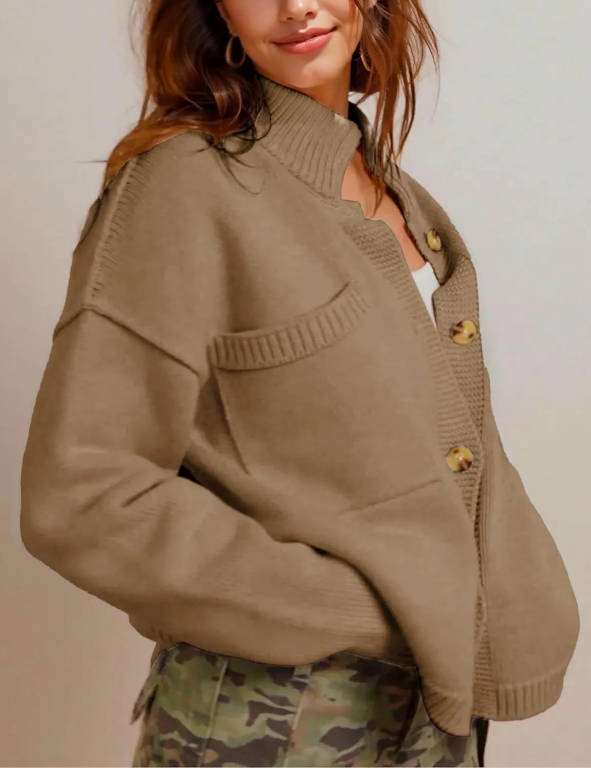 hathne Cardigan Sweaters for Women Trendy Oversized Open Front Button Short Cardigan Jackets Fall Winter