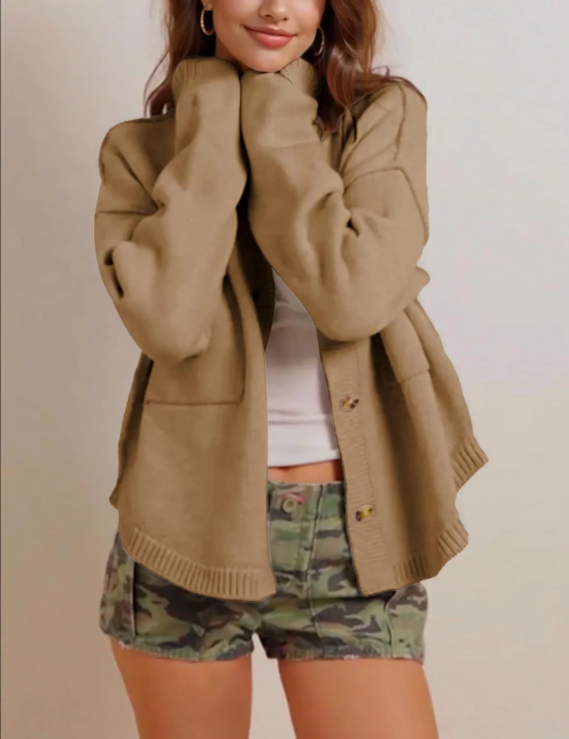 hathne Cardigan Sweaters for Women Trendy Oversized Open Front Button Short Cardigan Jackets Fall Winter