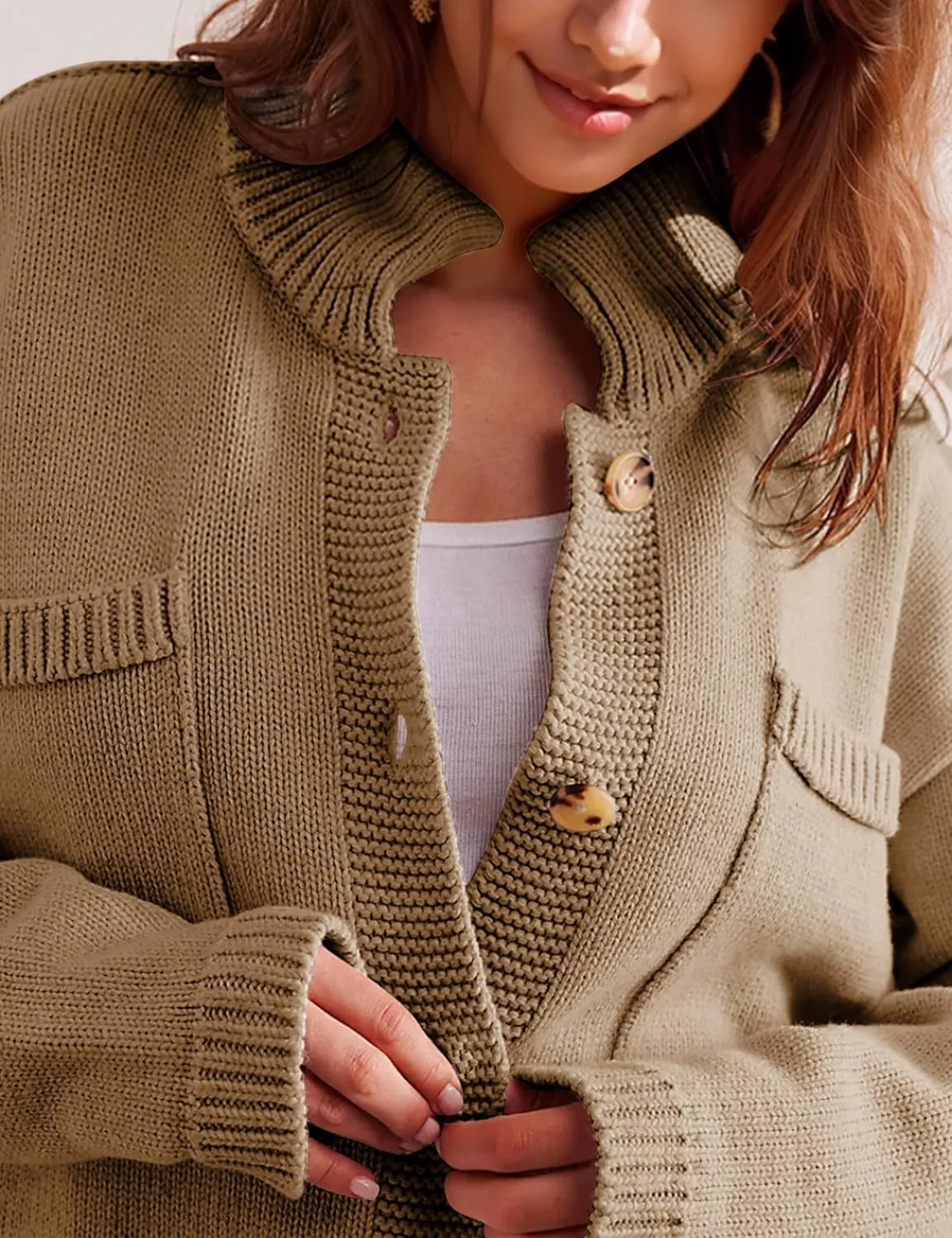 hathne Cardigan Sweaters for Women Trendy Oversized Open Front Button Short Cardigan Jackets Fall Winter