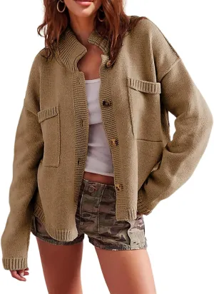 hathne Cardigan Sweaters for Women Trendy Oversized Open Front Button Short Cardigan Jackets Fall Winter