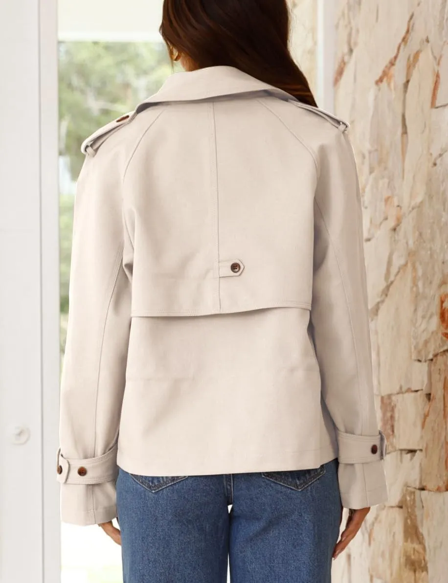 IDEALSANXUN Cropped Trench Coat for Women Spring Fall Trendy Double Breasted Long Sleeve Work Jackets Short Coats