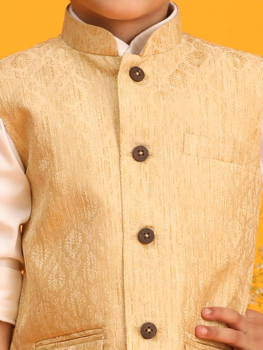 Jashvi Baap Beta Jacquard Silk Double Flap Pocket Jacket Set