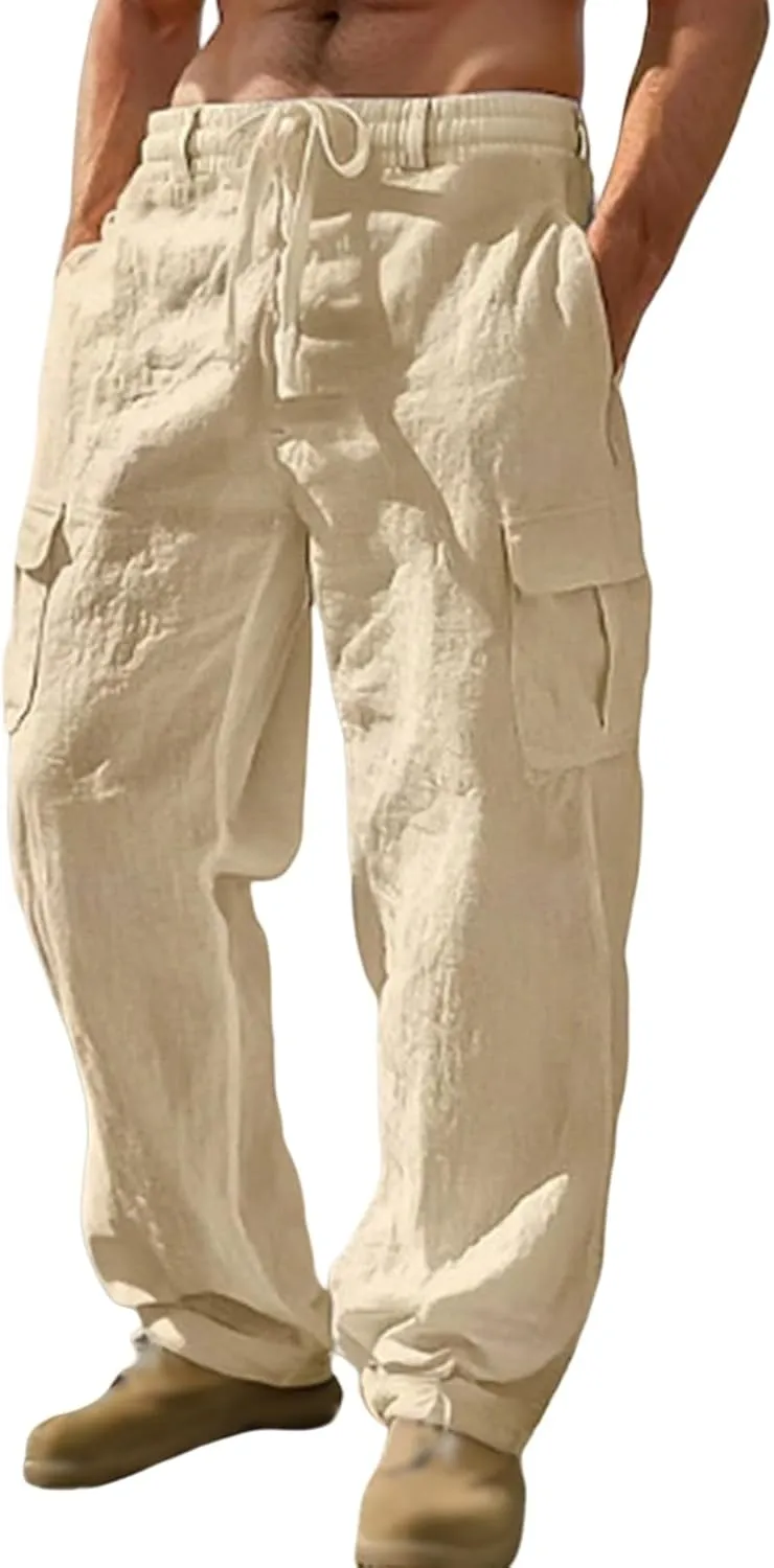 Linen Pants for Men Summer Wide Leg Yoga Trousers Drawstring Stretch Beach Pants Lightweight Baggy Travel Trousers