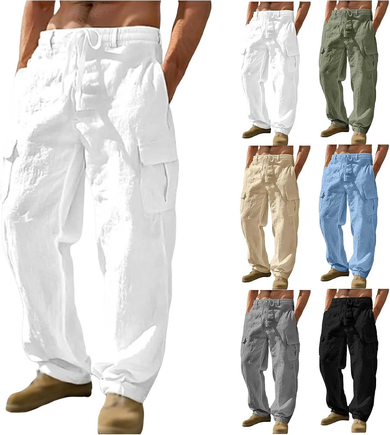 Linen Pants for Men Summer Wide Leg Yoga Trousers Drawstring Stretch Beach Pants Lightweight Baggy Travel Trousers