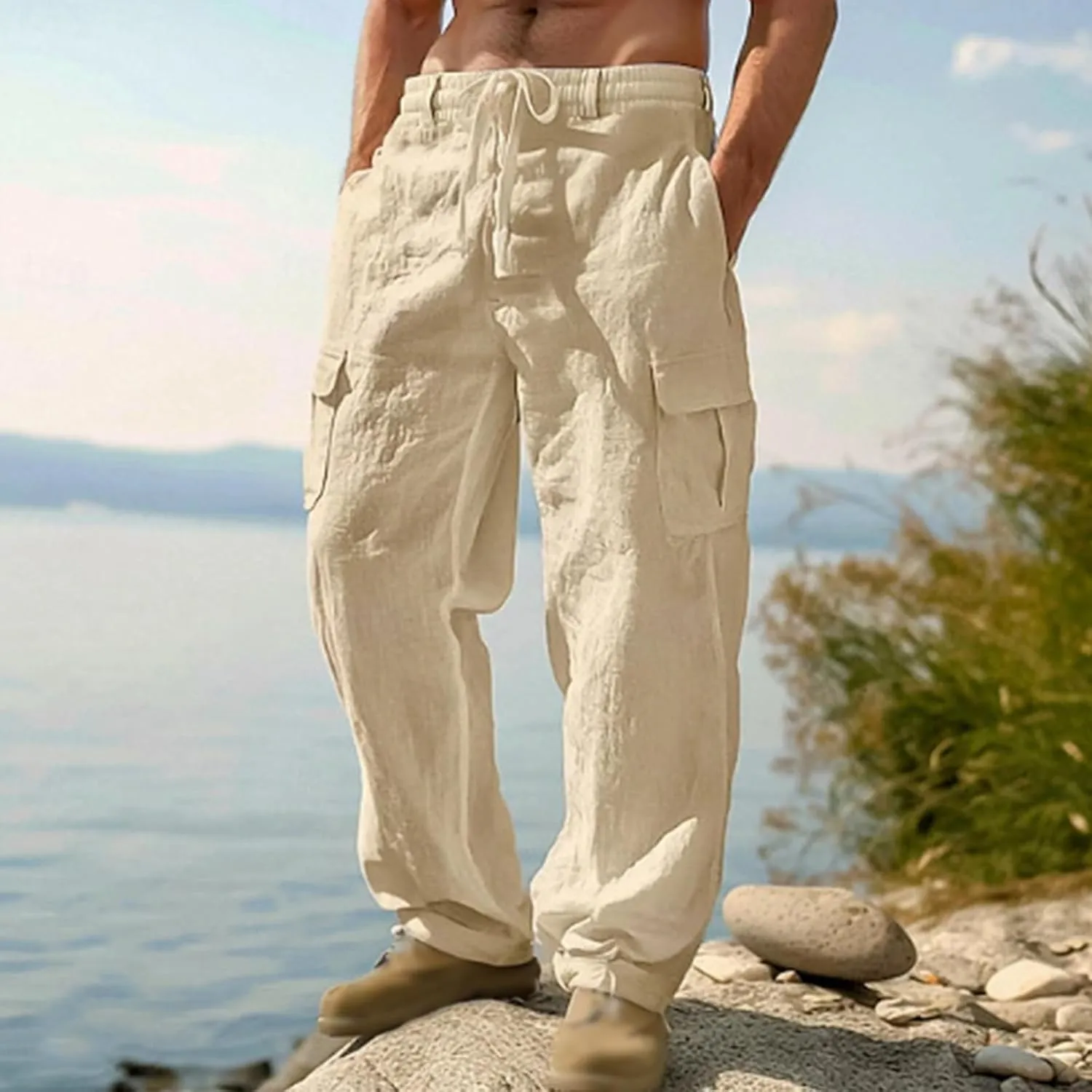 Linen Pants for Men Summer Wide Leg Yoga Trousers Drawstring Stretch Beach Pants Lightweight Baggy Travel Trousers