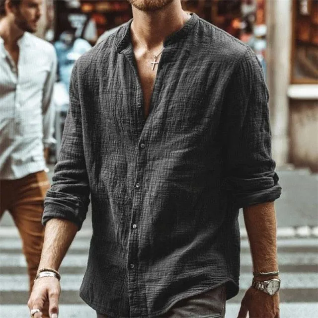 Long Sleeve Stand Collar Cotton Linen Shirts