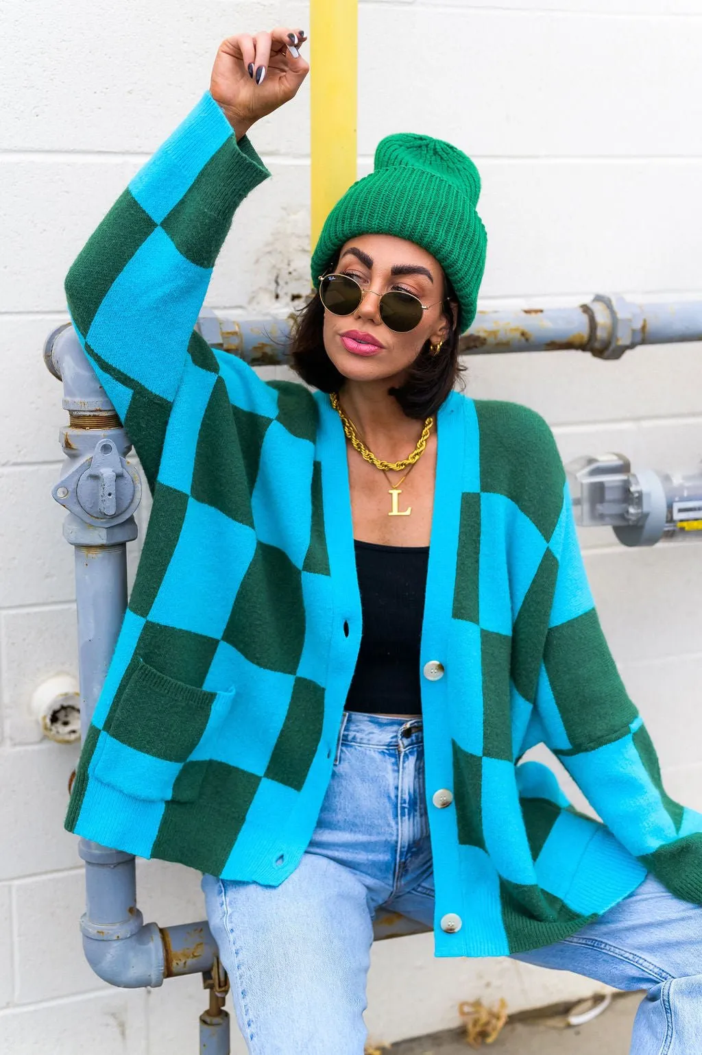 Emerald and Sky Oversized Checkerboard Cardigan - Love You