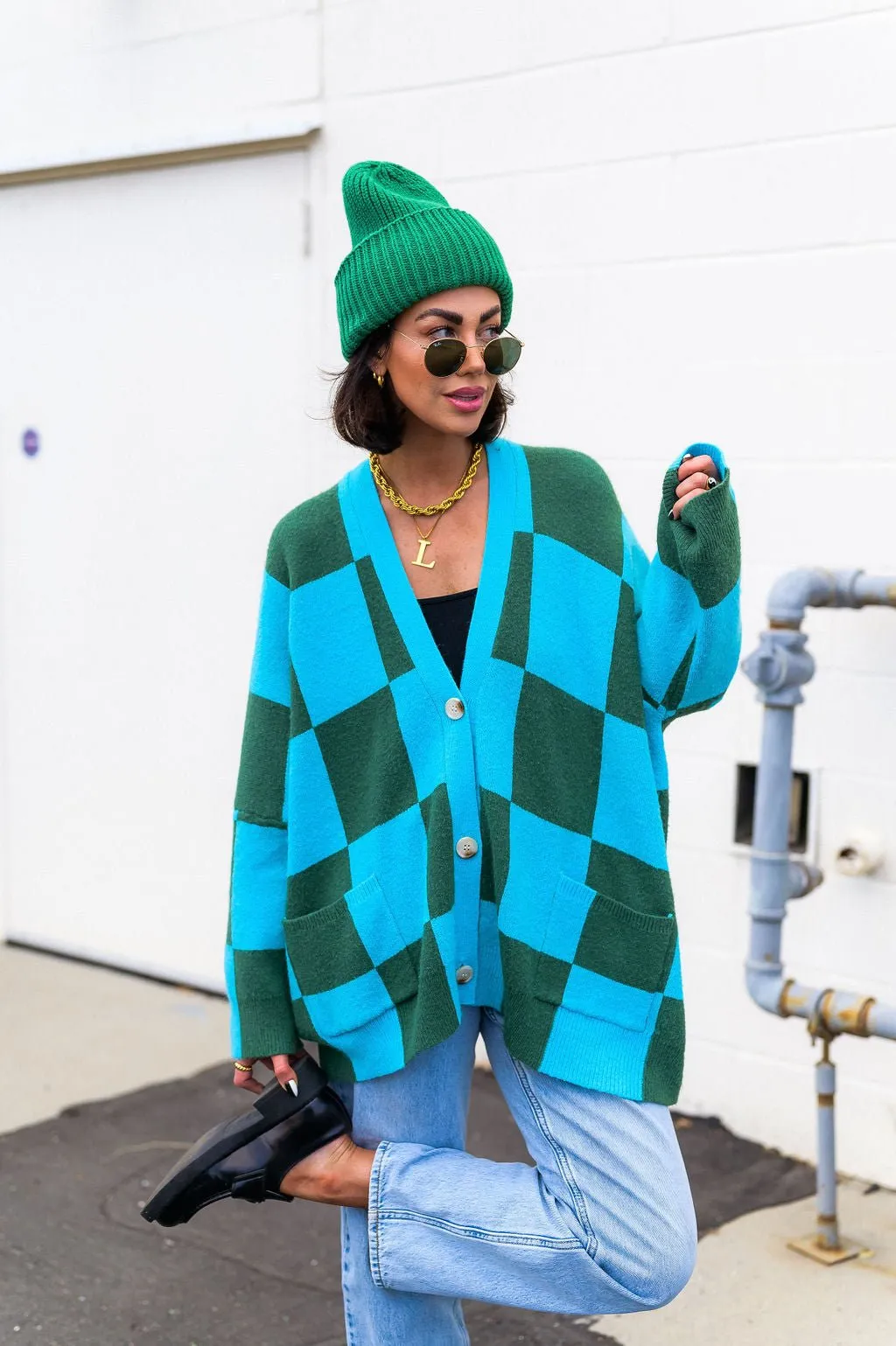 Emerald and Sky Oversized Checkerboard Cardigan - Love You