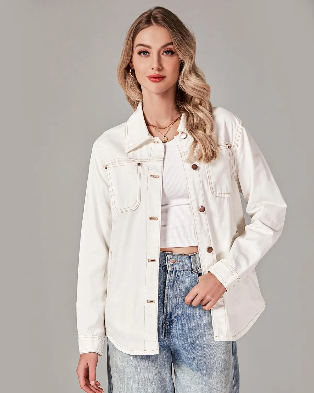 luvamia Denim Jackets for Women Trendy Long Sleeve Button Down Shirt Jacket Jean Shacket with Pocket Western Work Jacket