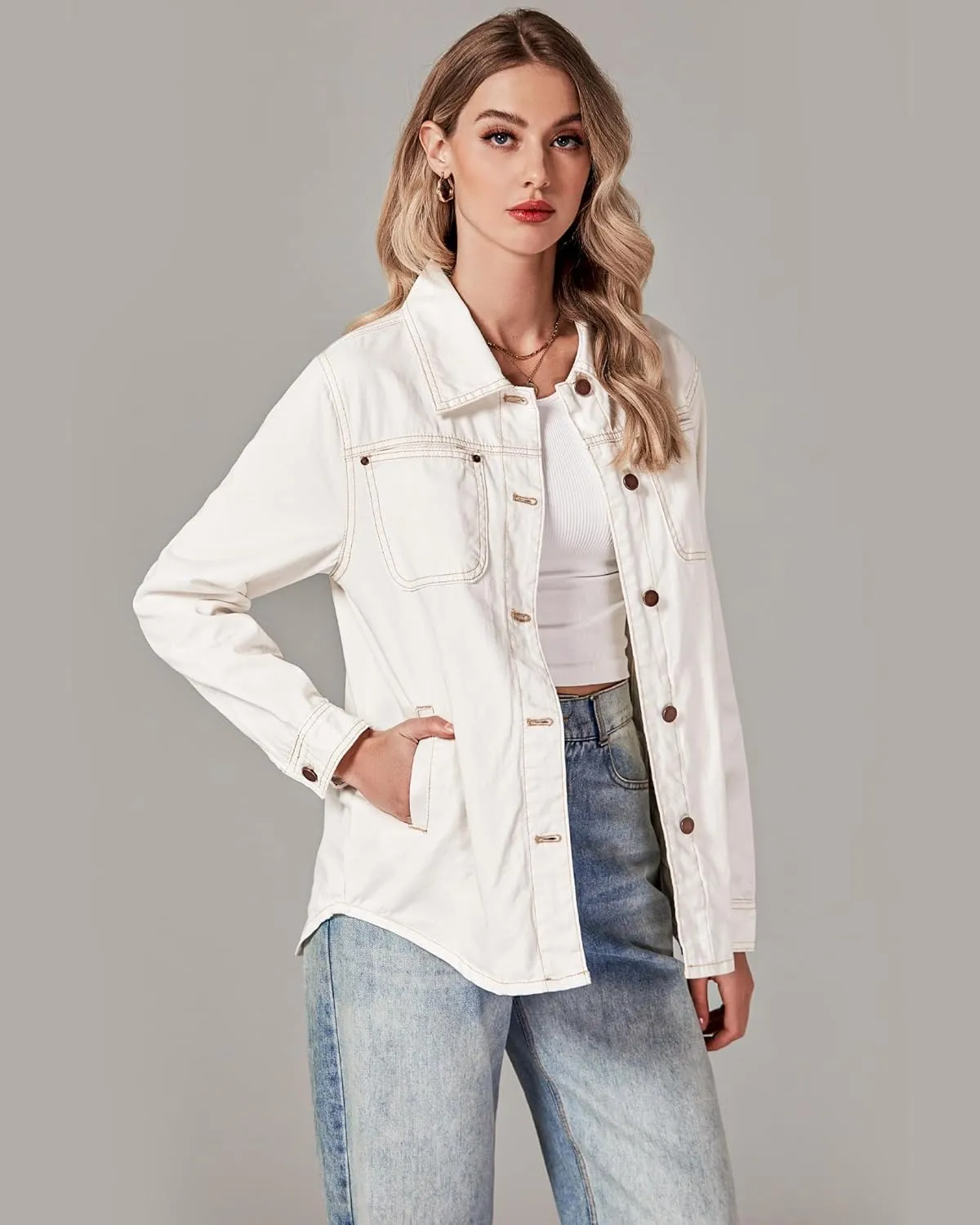 luvamia Denim Jackets for Women Trendy Long Sleeve Button Down Shirt Jacket Jean Shacket with Pocket Western Work Jacket