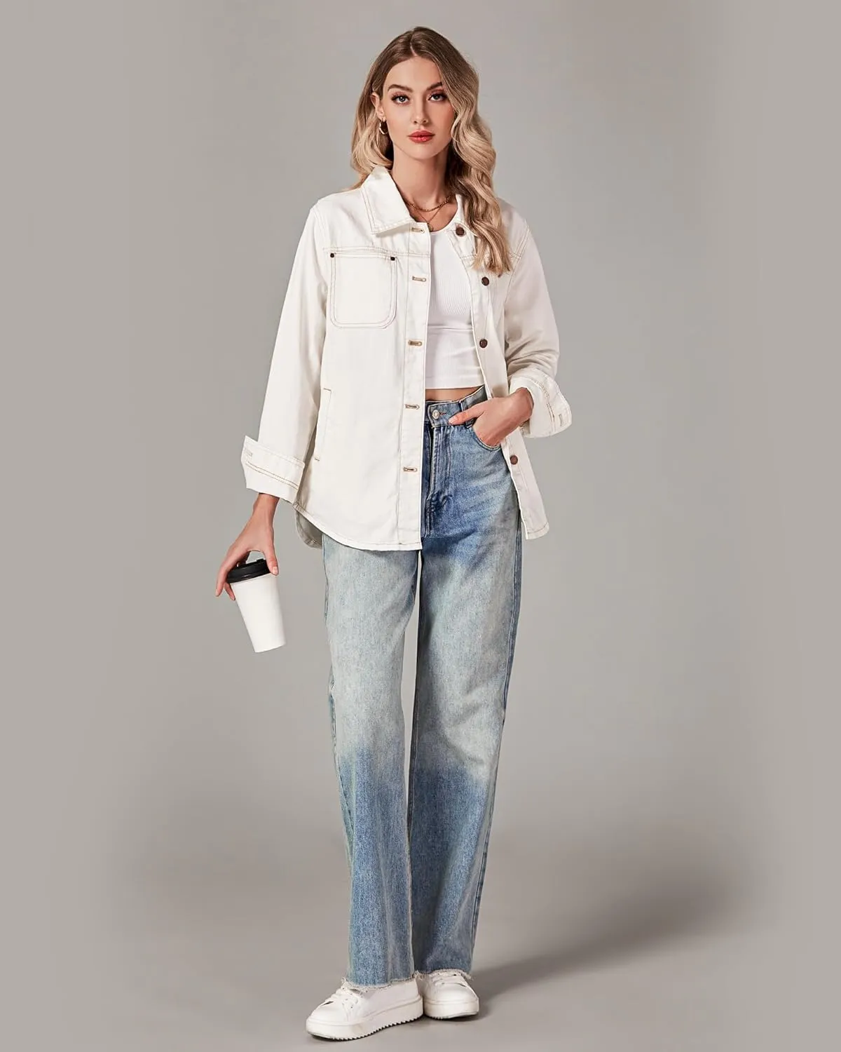 luvamia Denim Jackets for Women Trendy Long Sleeve Button Down Shirt Jacket Jean Shacket with Pocket Western Work Jacket