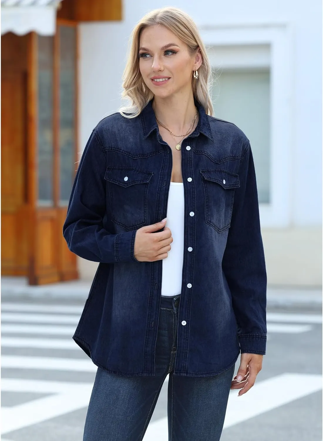 luvamia Long Denim Jacket for Women Lightweight Trendy Jean Button Down Shirts Jackets Oversized Shackets with Pockets