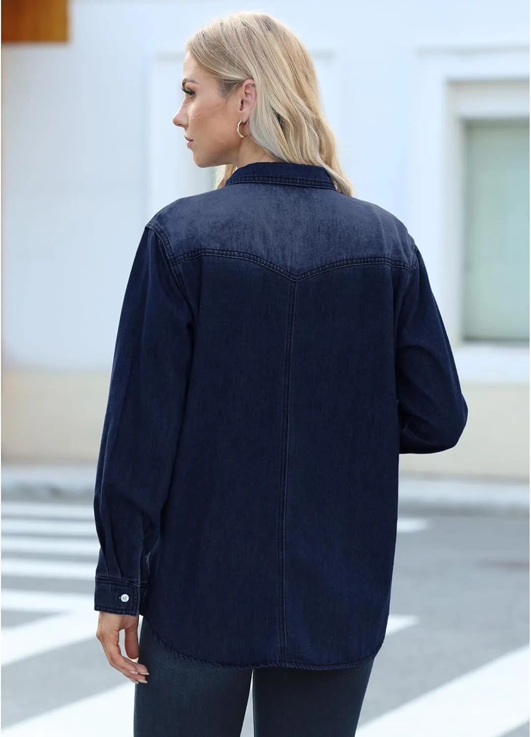 luvamia Long Denim Jacket for Women Lightweight Trendy Jean Button Down Shirts Jackets Oversized Shackets with Pockets