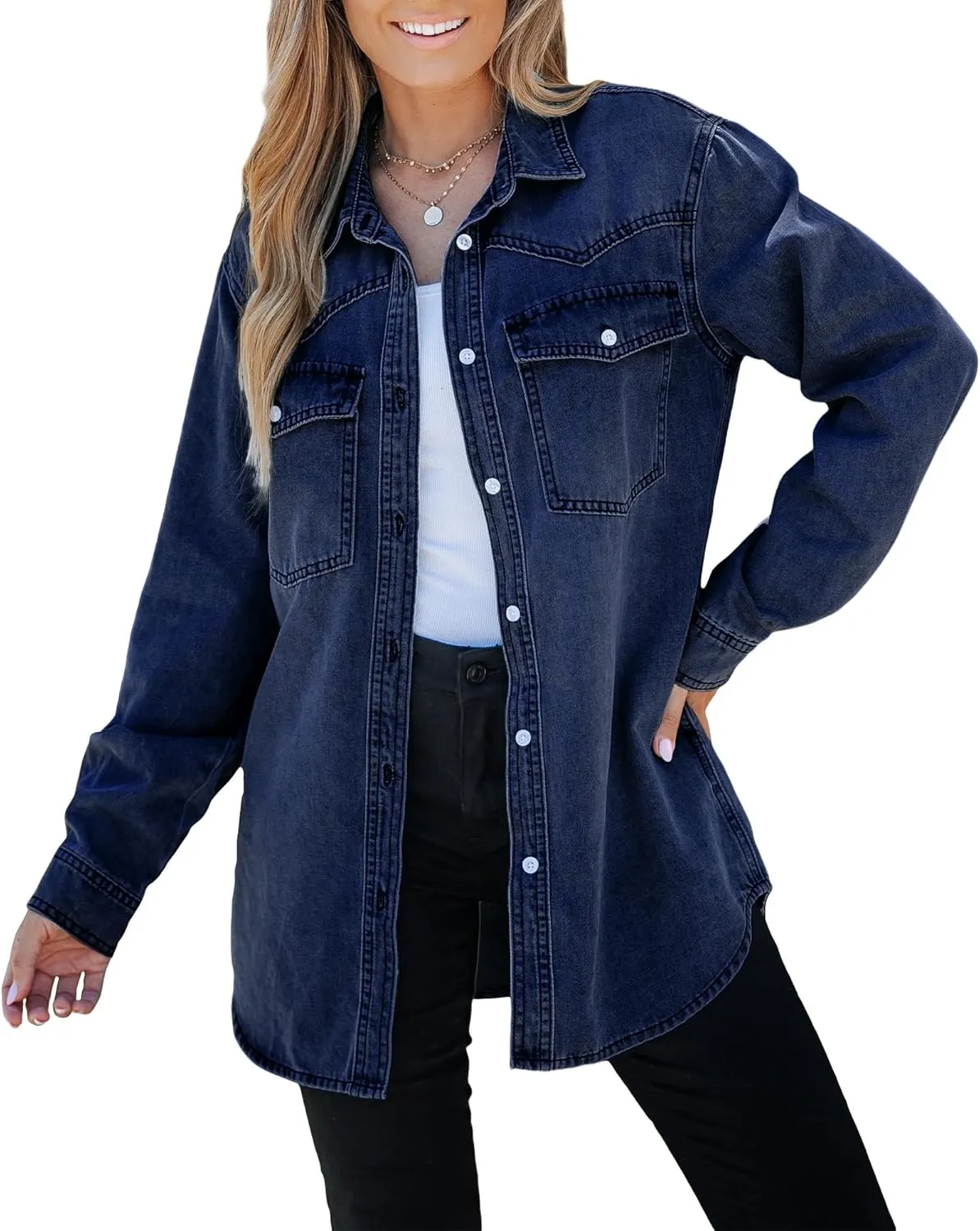 luvamia Long Denim Jacket for Women Lightweight Trendy Jean Button Down Shirts Jackets Oversized Shackets with Pockets