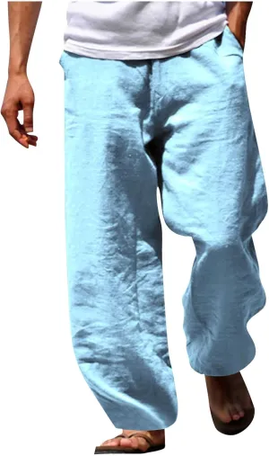 Mens Beach Pants Casual Lightweight Cotton Linen Pants Elastic Waist Wide Leg Trendy Fashion Loose Fit Trousers