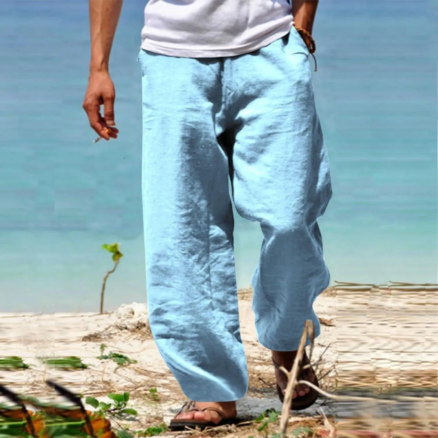 Mens Beach Pants Casual Lightweight Cotton Linen Pants Elastic Waist Wide Leg Trendy Fashion Loose Fit Trousers
