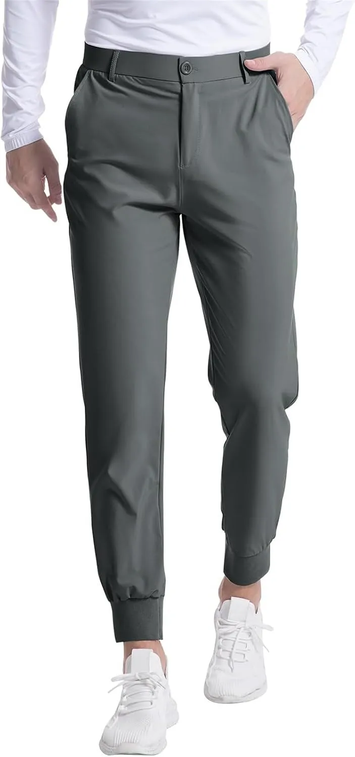 Mens Business Pants Elastic Waist Casual Lightweight Stretch Slim Fit Pants Outdoor Golf Walking Trousers with Pockets