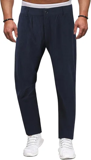 Men's Button Corduroy Pants Regular Fit Casual Elastic Waist Straight Leg Pants for Casual Wear Everyday