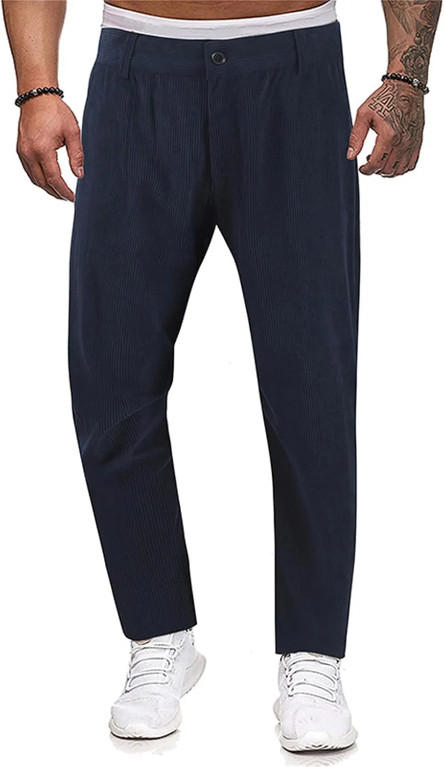 Men's Button Corduroy Pants Regular Fit Casual Elastic Waist Straight Leg Pants for Casual Wear Everyday