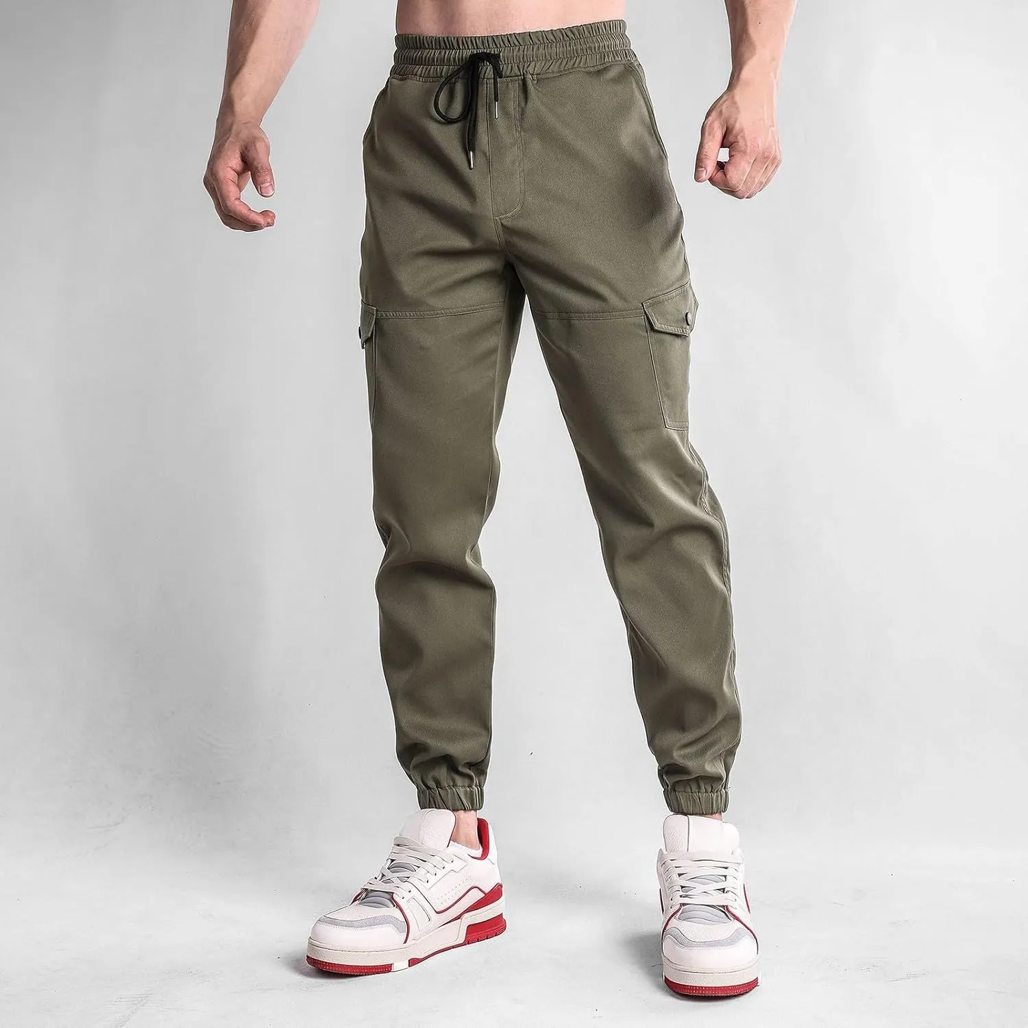 Mens Cargo Pants Elastic Waist Loose Casual Sweatpants Classic Tactical Pants Multi Pockets Twill Sport Hiking Pants