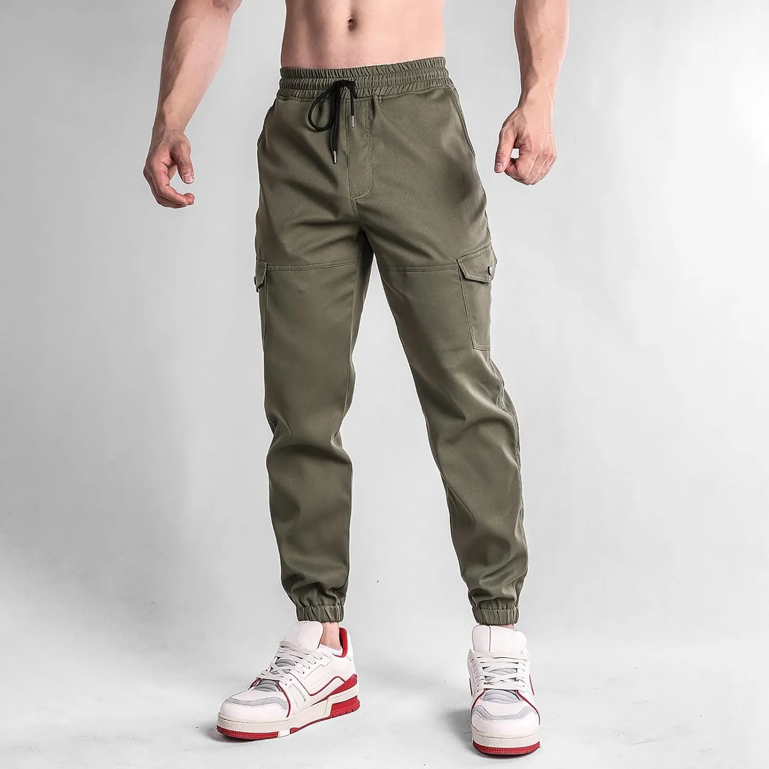 Mens Cargo Pants Elastic Waist Loose Casual Sweatpants Classic Tactical Pants Multi Pockets Twill Sport Hiking Pants