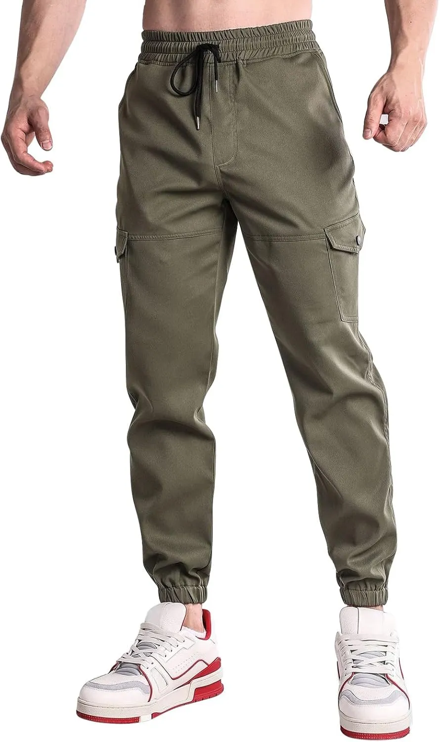 Mens Cargo Pants Elastic Waist Loose Casual Sweatpants Classic Tactical Pants Multi Pockets Twill Sport Hiking Pants