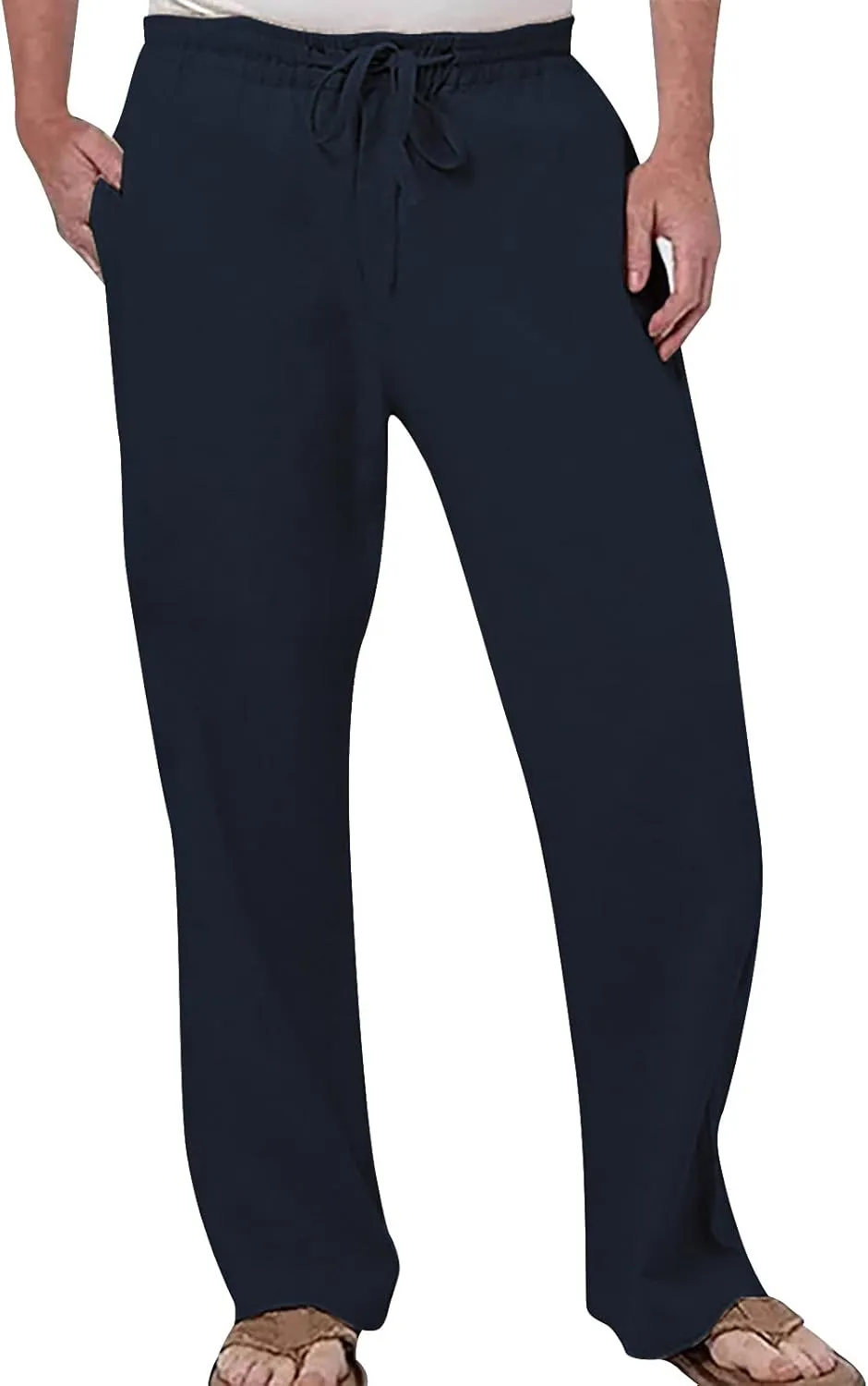 Mens Casual Pants Relaxed Fit Men's Cotton Linen Pants Lightweight Straight Legs Yoga Beach Pants Elastic Waist Drawstring Casual Trouser Chino Pant Men