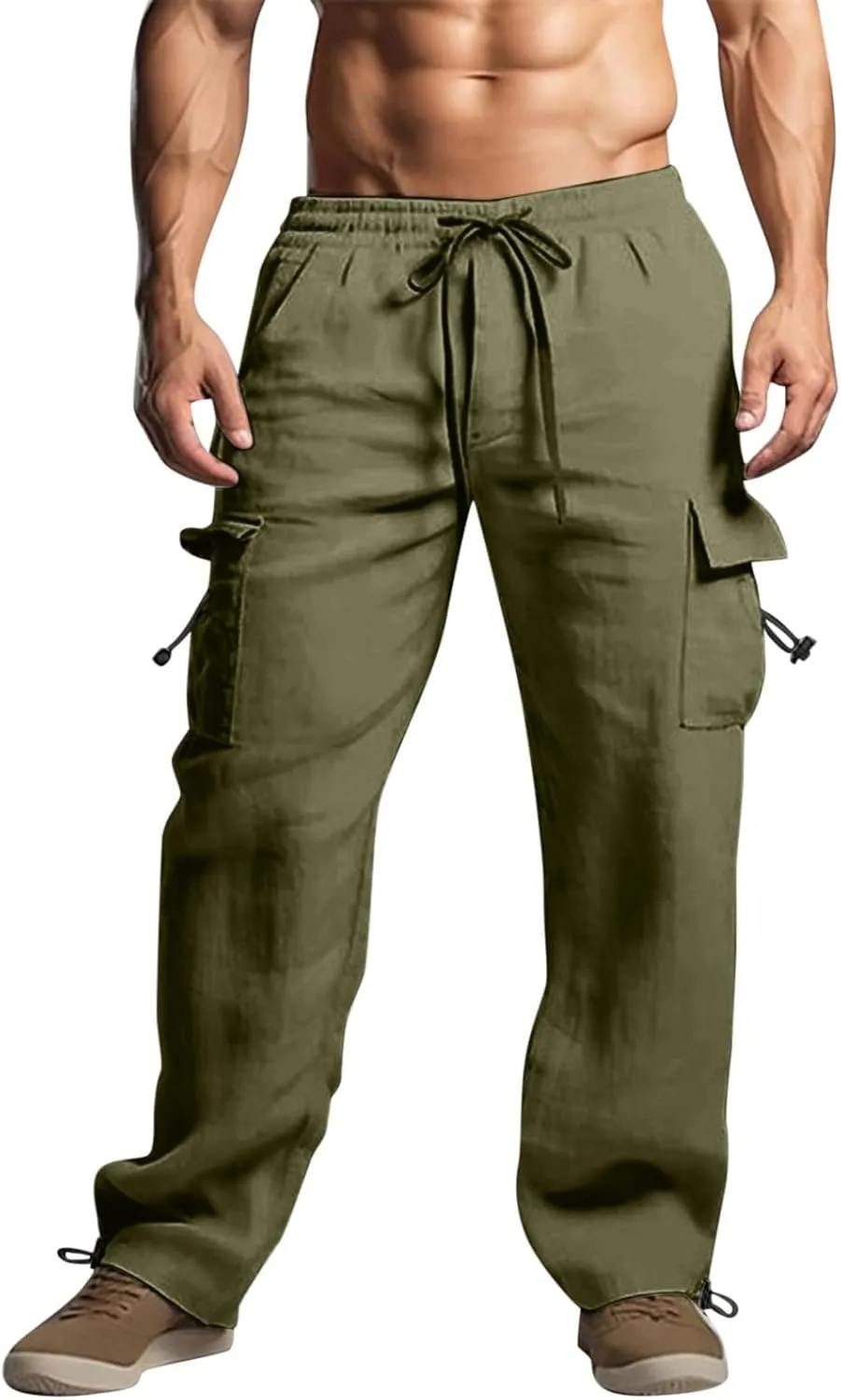 Men's Cotton Linen Cargo Pants Elastic Waist Drawstring Multi-Pockets for Sports Hiking Casual Summer Wear