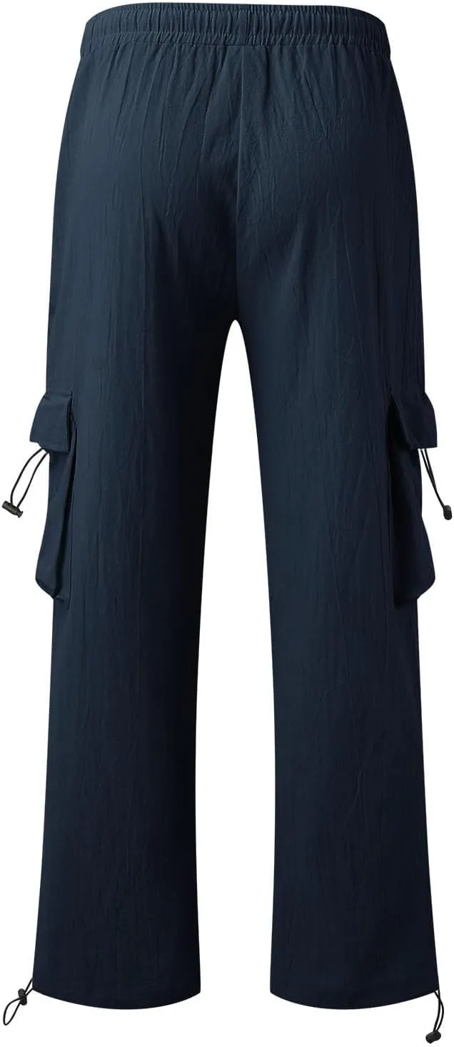 Men's Cotton Linen Cargo Pants Elastic Waist Drawstring Multi-Pockets for Sports Hiking Casual Summer Wear