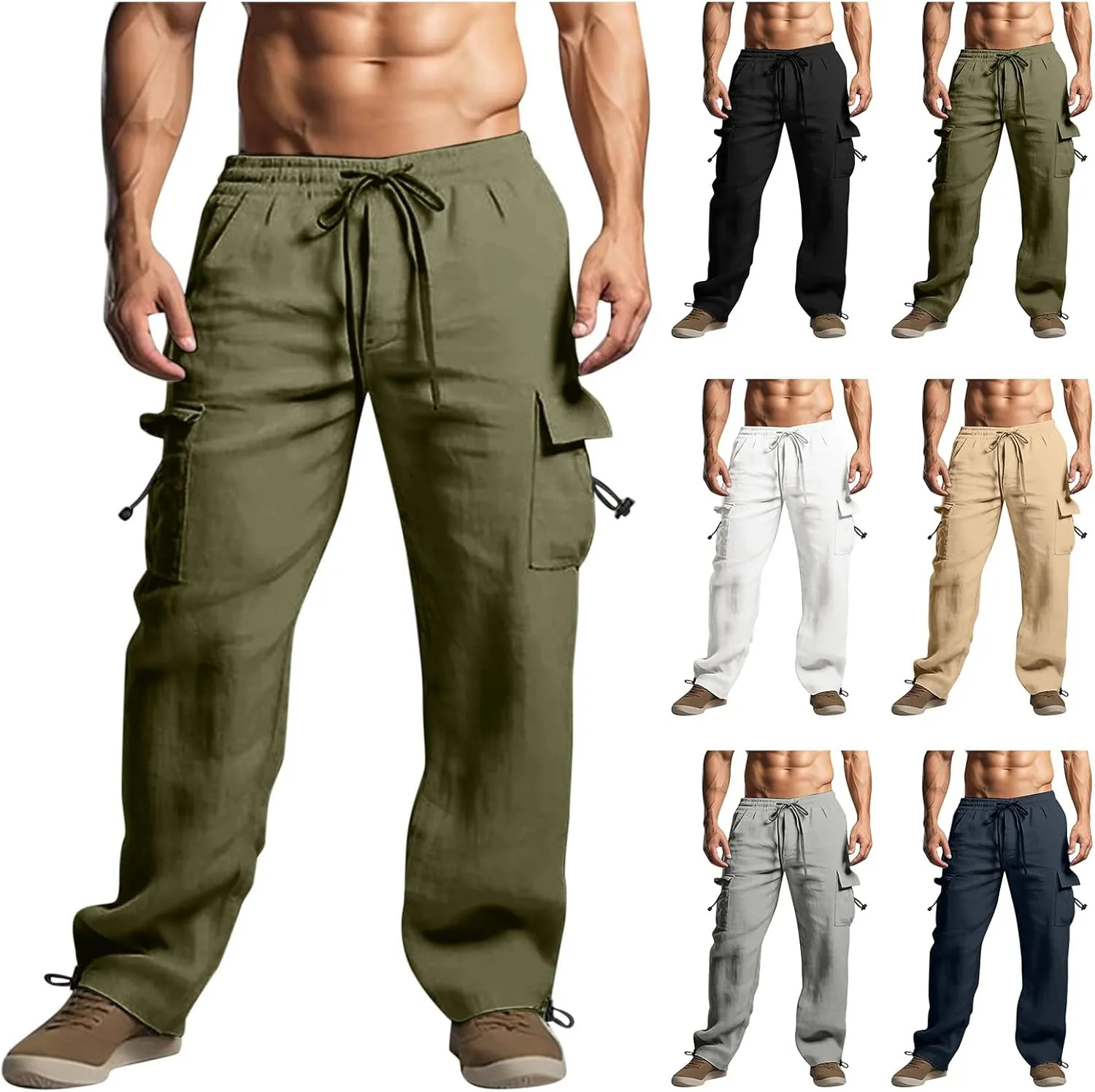 Men's Cotton Linen Cargo Pants Elastic Waist Drawstring Multi-Pockets for Sports Hiking Casual Summer Wear
