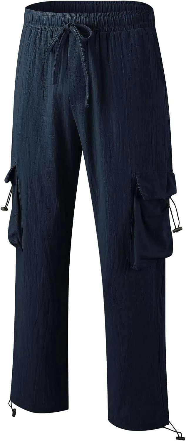 Men's Cotton Linen Cargo Pants Elastic Waist Drawstring Multi-Pockets for Sports Hiking Casual Summer Wear