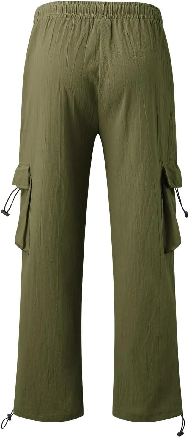 Men's Cotton Linen Cargo Pants Elastic Waist Drawstring Multi-Pockets for Sports Hiking Casual Summer Wear