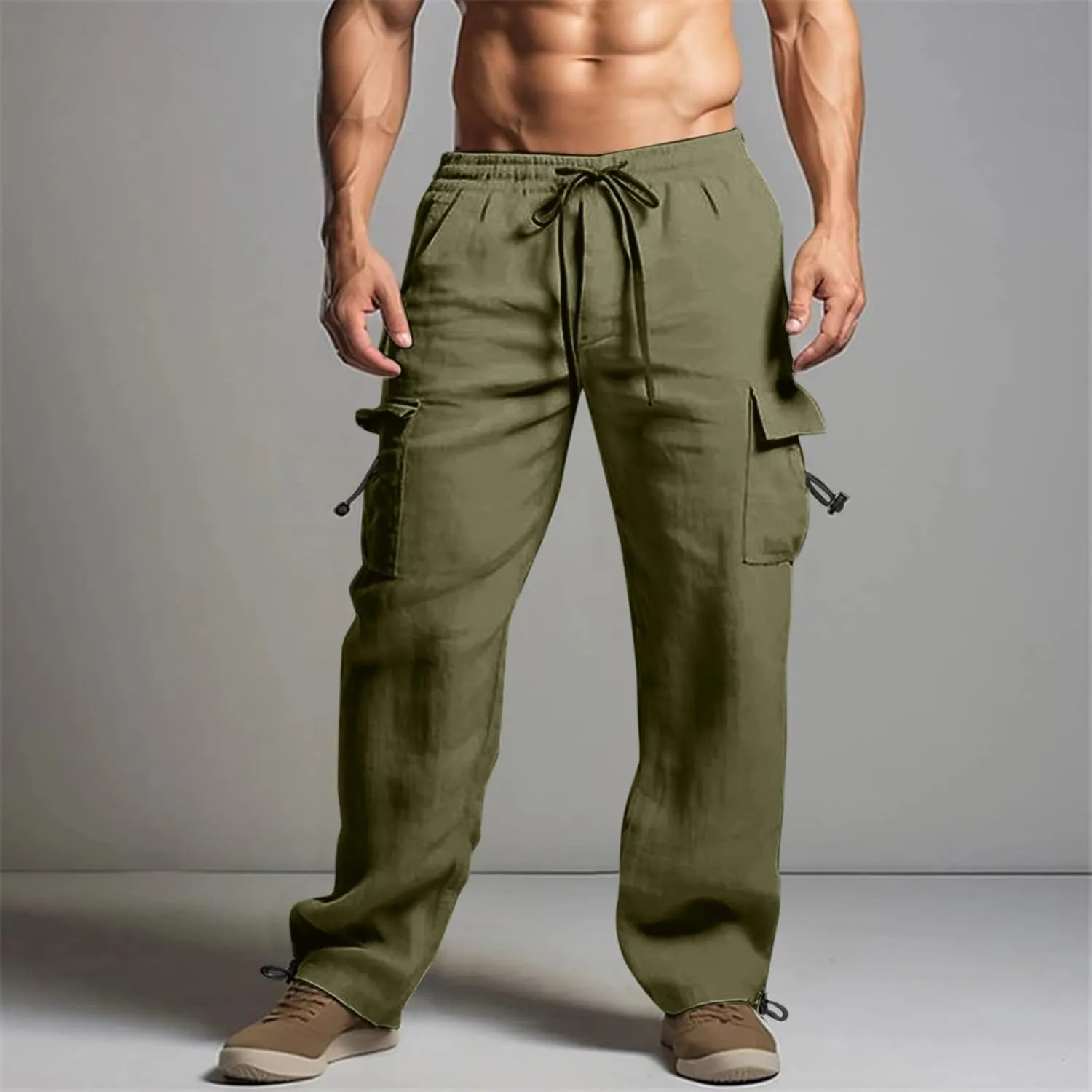 Men's Cotton Linen Cargo Pants Elastic Waist Drawstring Multi-Pockets for Sports Hiking Casual Summer Wear