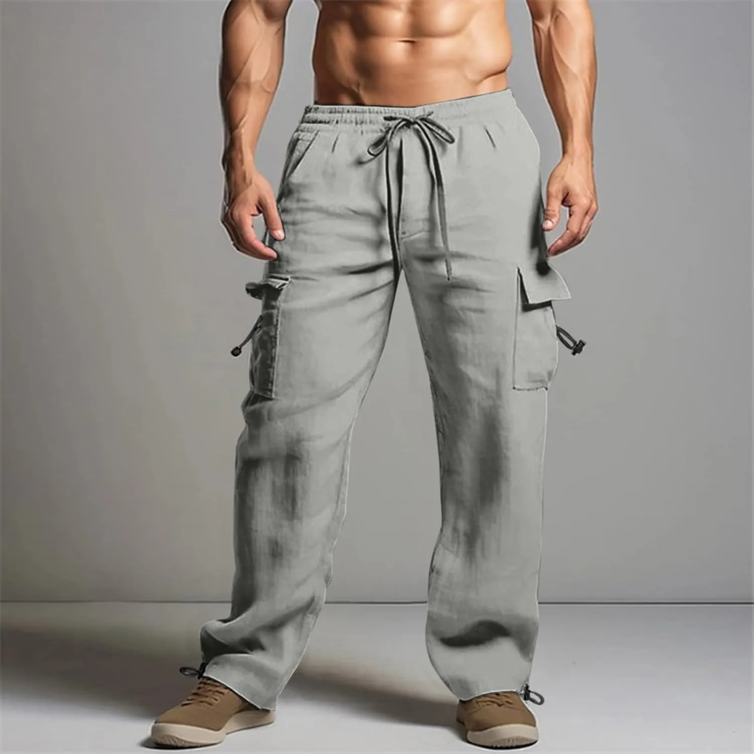 Men's Cotton Linen Cargo Pants Elastic Waist Drawstring Multi-Pockets for Sports Hiking Casual Summer Wear