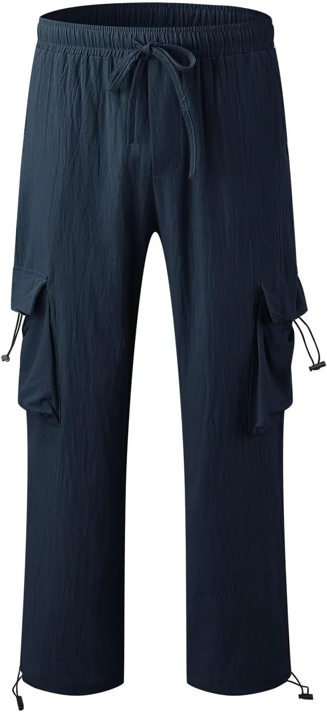 Men's Cotton Linen Cargo Pants Elastic Waist Drawstring Multi-Pockets for Sports Hiking Casual Summer Wear