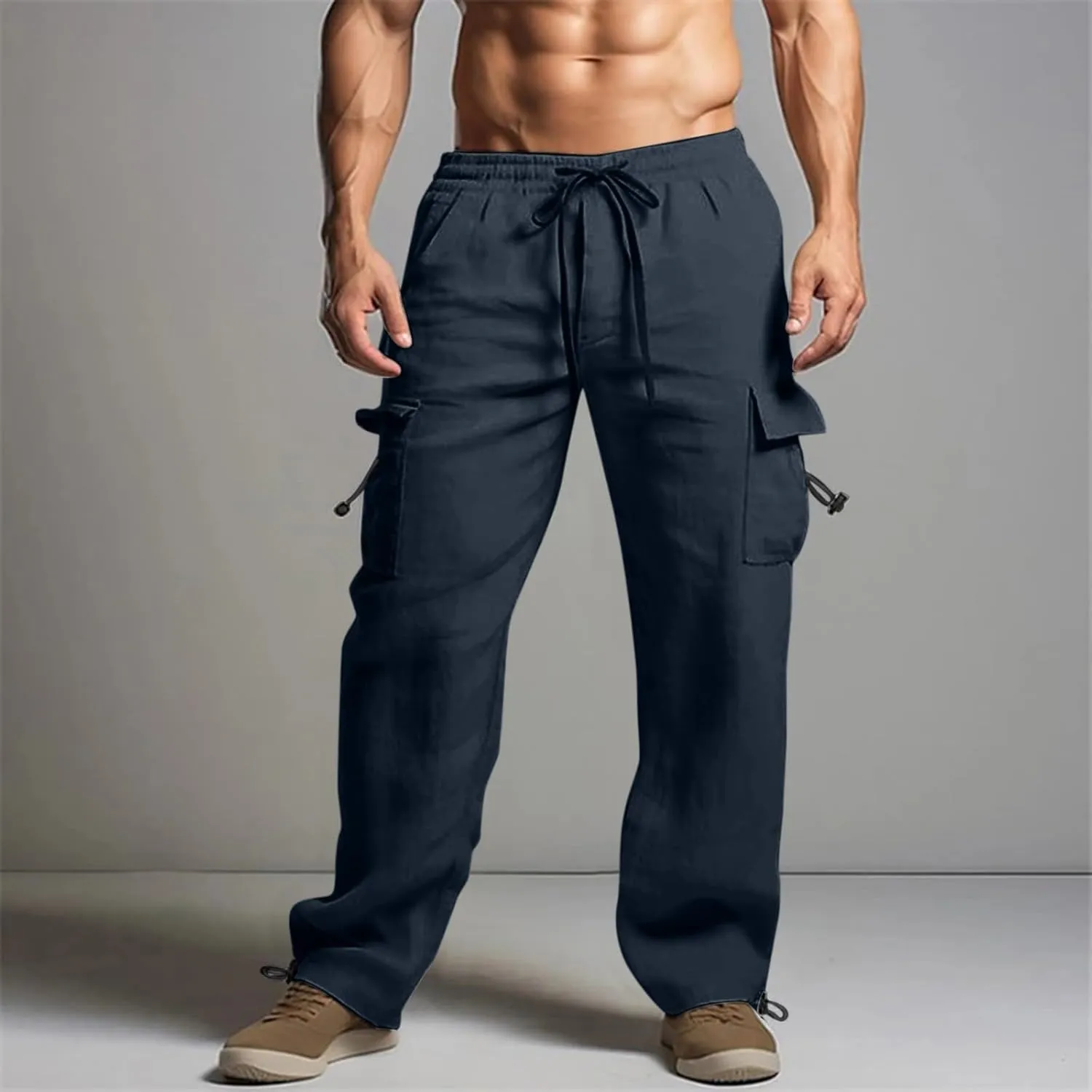 Men's Cotton Linen Cargo Pants Elastic Waist Drawstring Multi-Pockets for Sports Hiking Casual Summer Wear