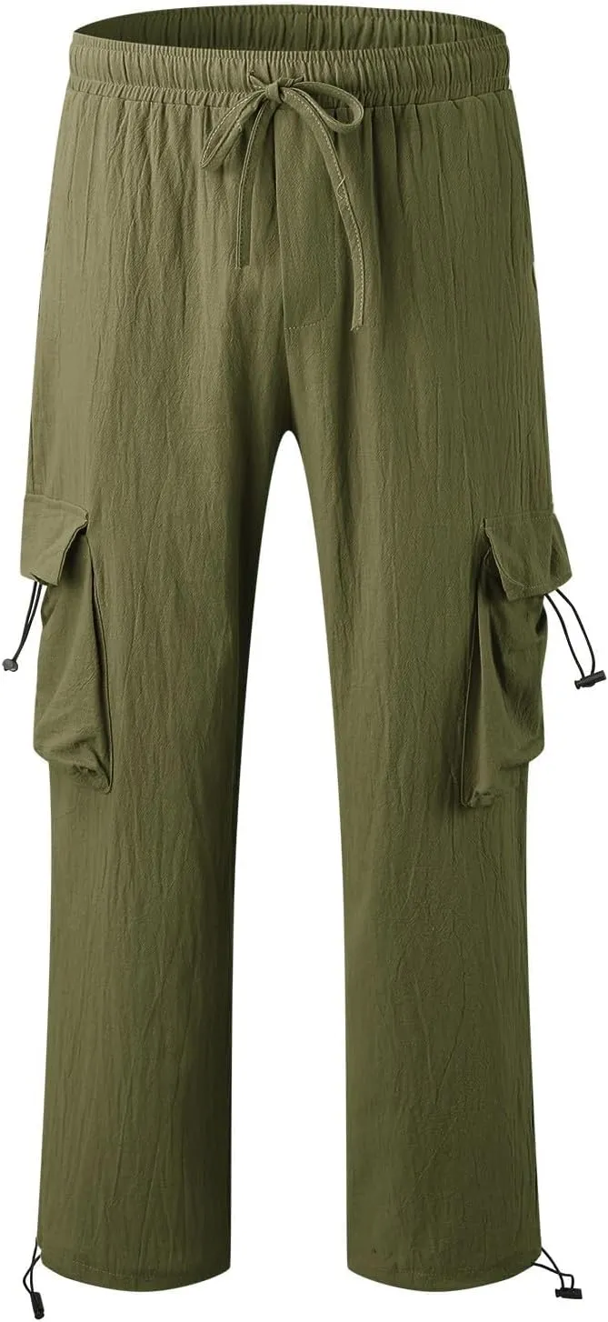 Men's Cotton Linen Cargo Pants Elastic Waist Drawstring Multi-Pockets for Sports Hiking Casual Summer Wear