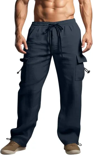 Men's Cotton Linen Cargo Pants Elastic Waist Drawstring Multi-Pockets for Sports Hiking Casual Summer Wear