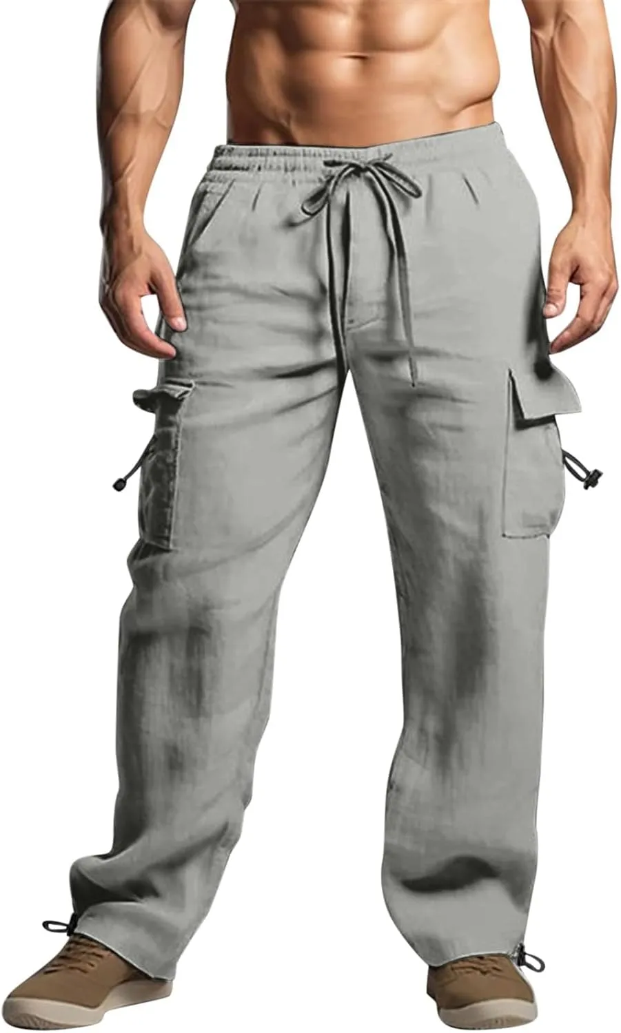 Men's Cotton Linen Cargo Pants Elastic Waist Drawstring Multi-Pockets for Sports Hiking Casual Summer Wear