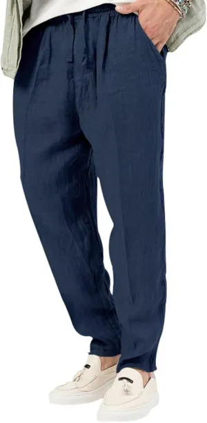 Men's Cotton Linen Drawstring Pants Lightweight Casual Joggers Yoga Pants Elastic Waist Beach Trousers with Pockets