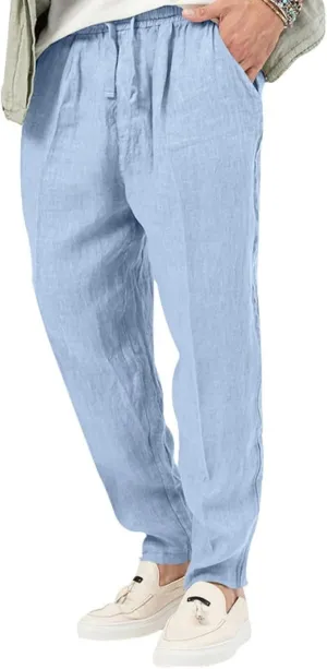Men's Cotton Linen Drawstring Pants Lightweight Casual Joggers Yoga Pants Elastic Waist Beach Trousers with Pockets