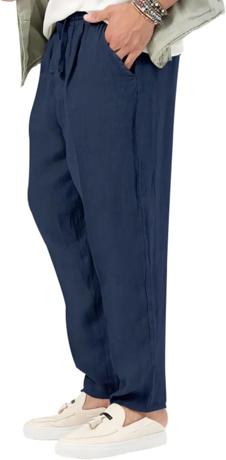 Men's Cotton Linen Drawstring Pants Lightweight Casual Joggers Yoga Pants Elastic Waist Beach Trousers with Pockets
