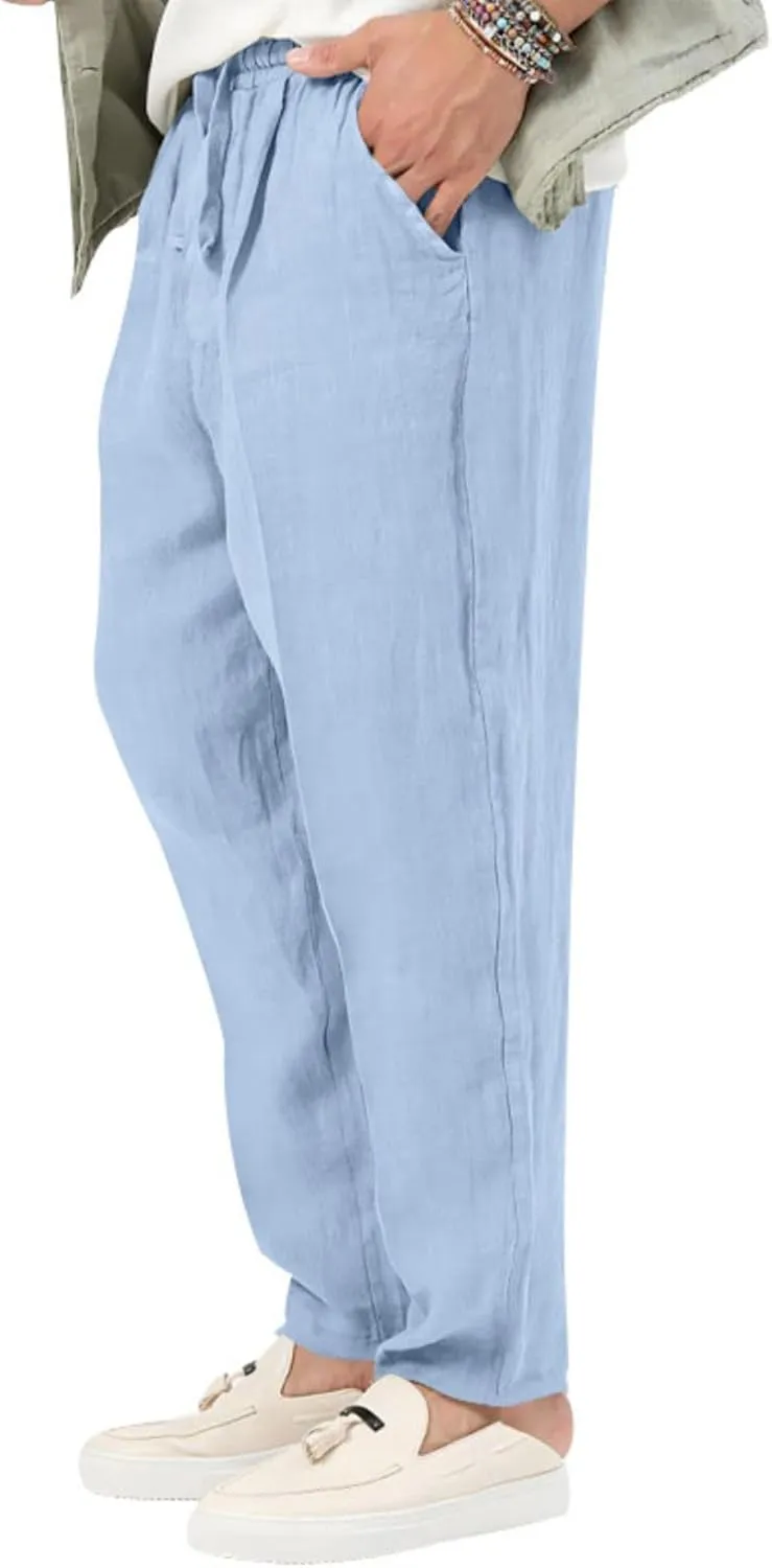 Men's Cotton Linen Drawstring Pants Lightweight Casual Joggers Yoga Pants Elastic Waist Beach Trousers with Pockets
