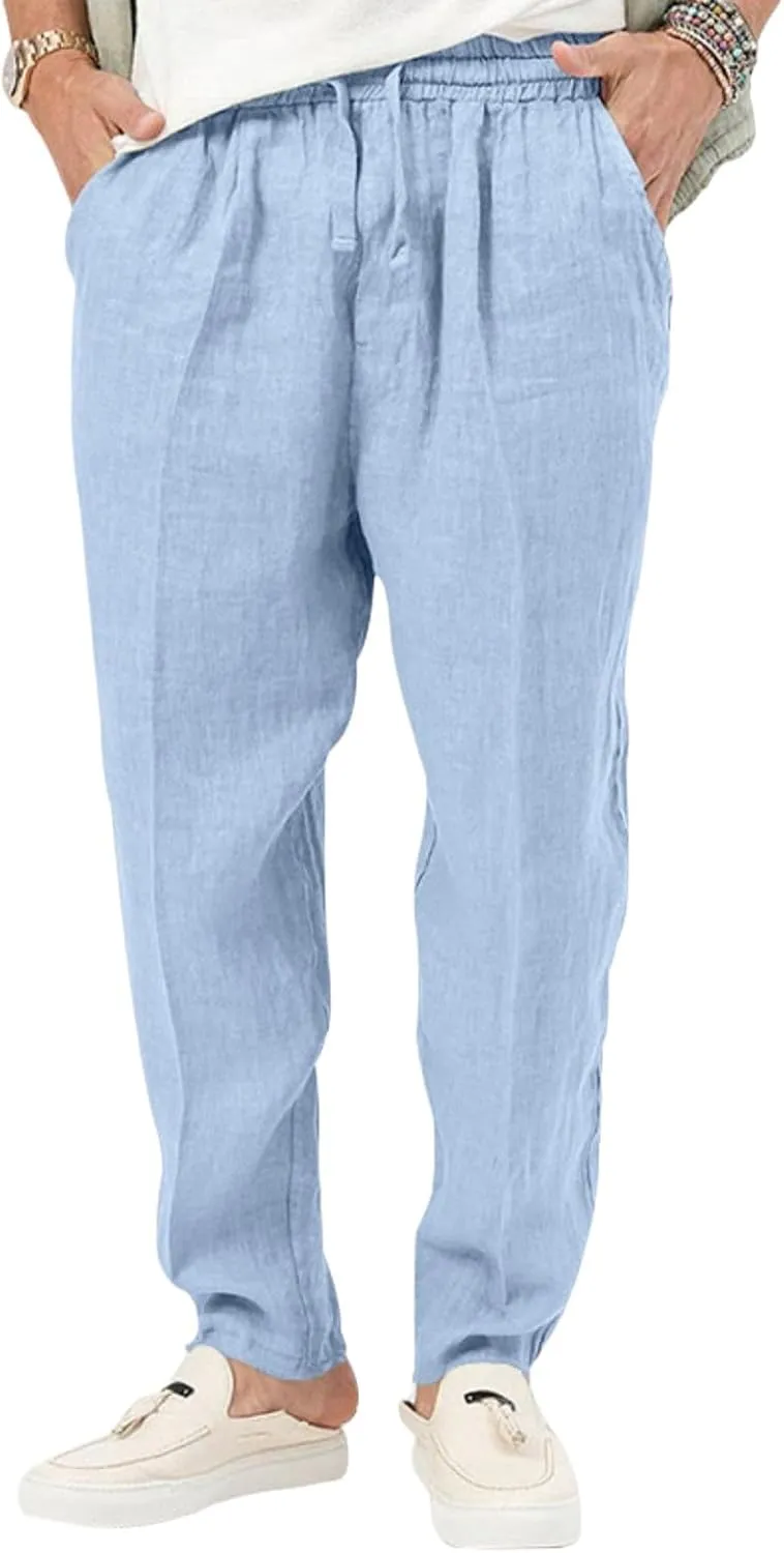 Men's Cotton Linen Drawstring Pants Lightweight Casual Joggers Yoga Pants Elastic Waist Beach Trousers with Pockets