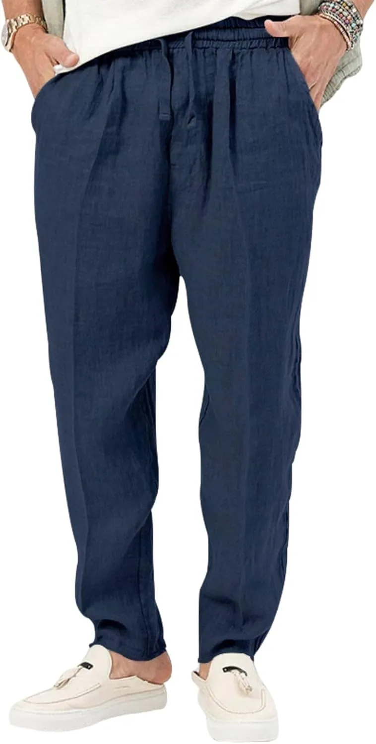 Men's Cotton Linen Drawstring Pants Lightweight Casual Joggers Yoga Pants Elastic Waist Beach Trousers with Pockets