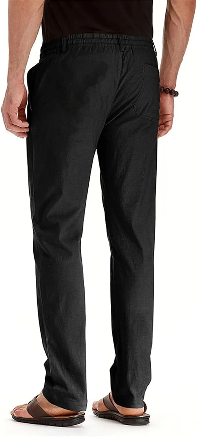 Men's Elastic Drawstring Waist Linen Pants Casual Lightweight Straight Leg Loose Fit Trousers for Beach Yoga Fall Wear