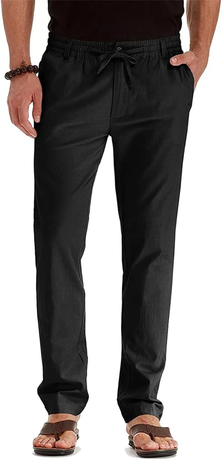 Men's Elastic Drawstring Waist Linen Pants Casual Lightweight Straight Leg Loose Fit Trousers for Beach Yoga Fall Wear