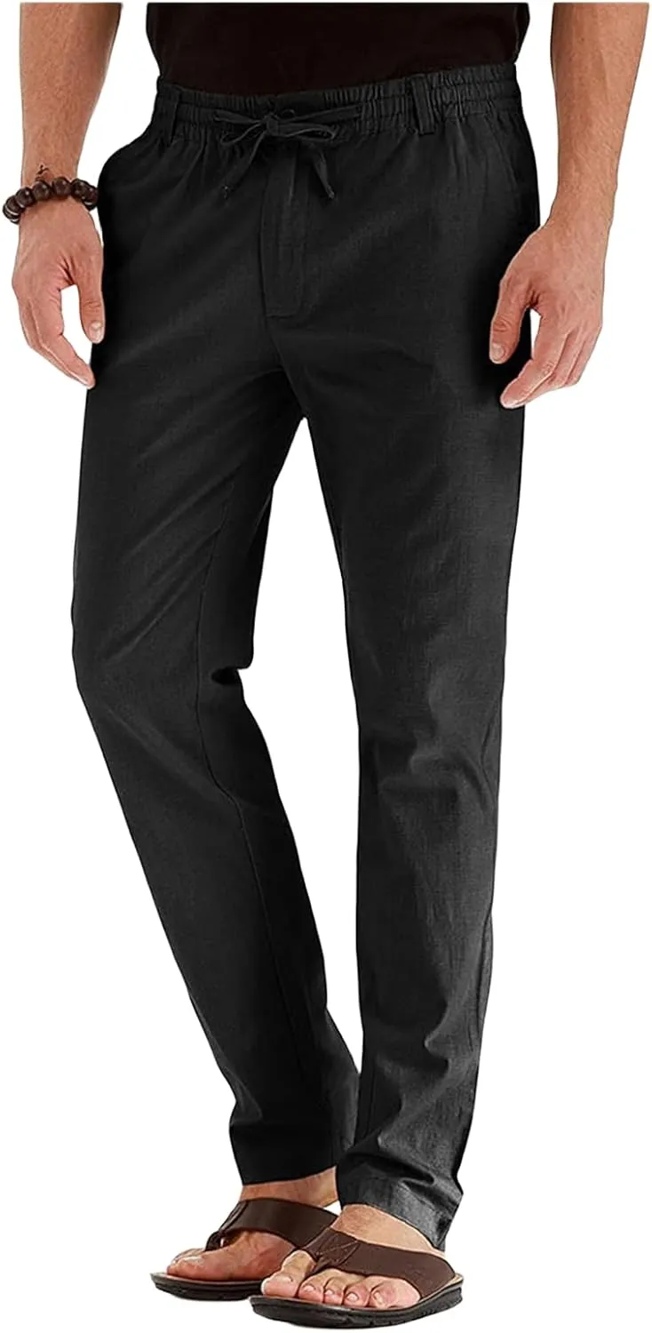 Men's Elastic Drawstring Waist Linen Pants Casual Lightweight Straight Leg Loose Fit Trousers for Beach Yoga Fall Wear